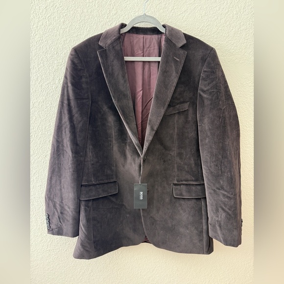 New $595 Hugo Boss Pasolini US Men's 44L Velvet Striped Blazer Burgundy